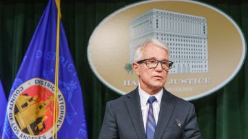 Los Angeles County District Attorney George Gascon announces formal charges in the killing of former "General Hospital" actor Johnny Wactor at a news conference Monday, Aug. 19, 2024, in Los Angeles. (AP Photo/Damian Dovarganes)