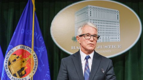 Los Angeles County District Attorney George Gascon announces formal charges in the killing of former "General Hospital" actor Johnny Wactor at a news conference Monday, Aug. 19, 2024, in Los Angeles. (AP Photo/Damian Dovarganes)